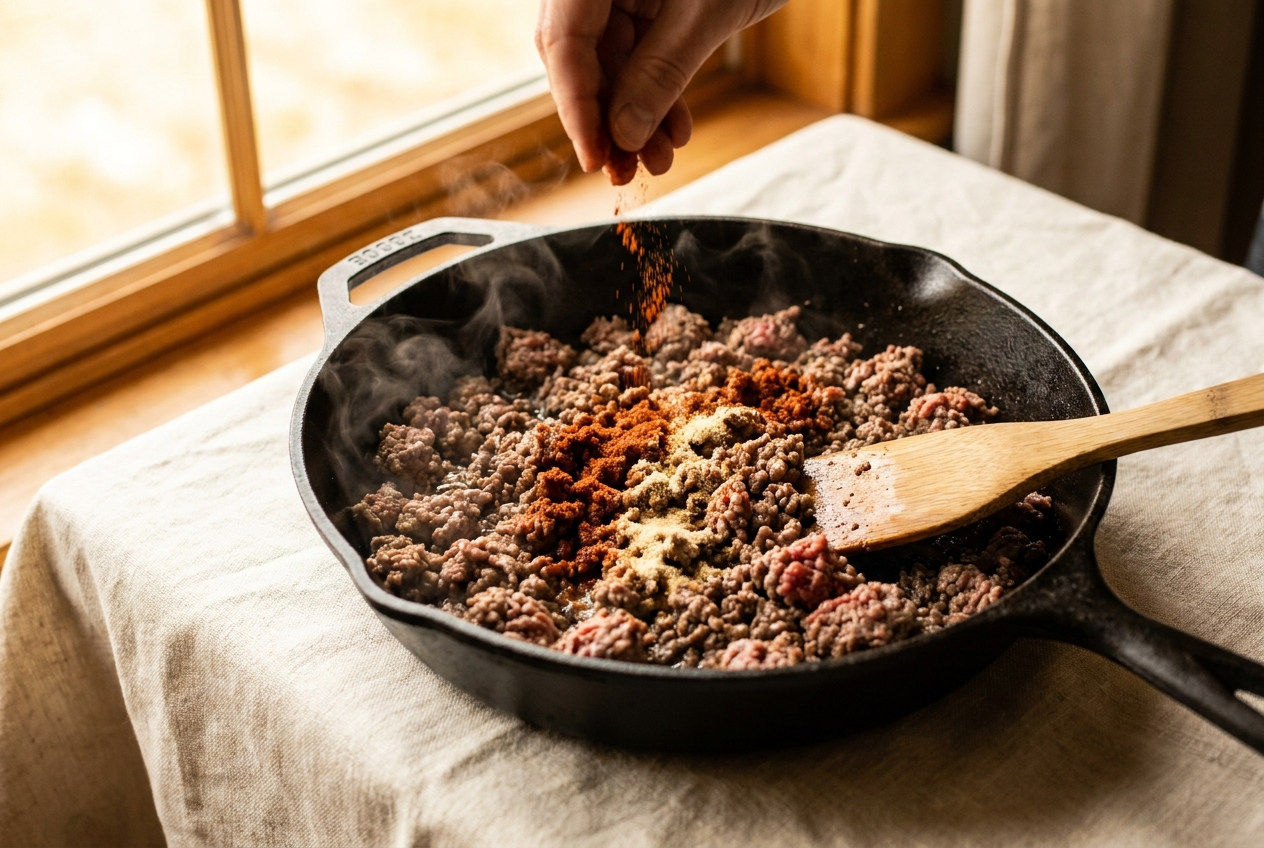 Ground beef browning in a cast iron skillet with seasonings