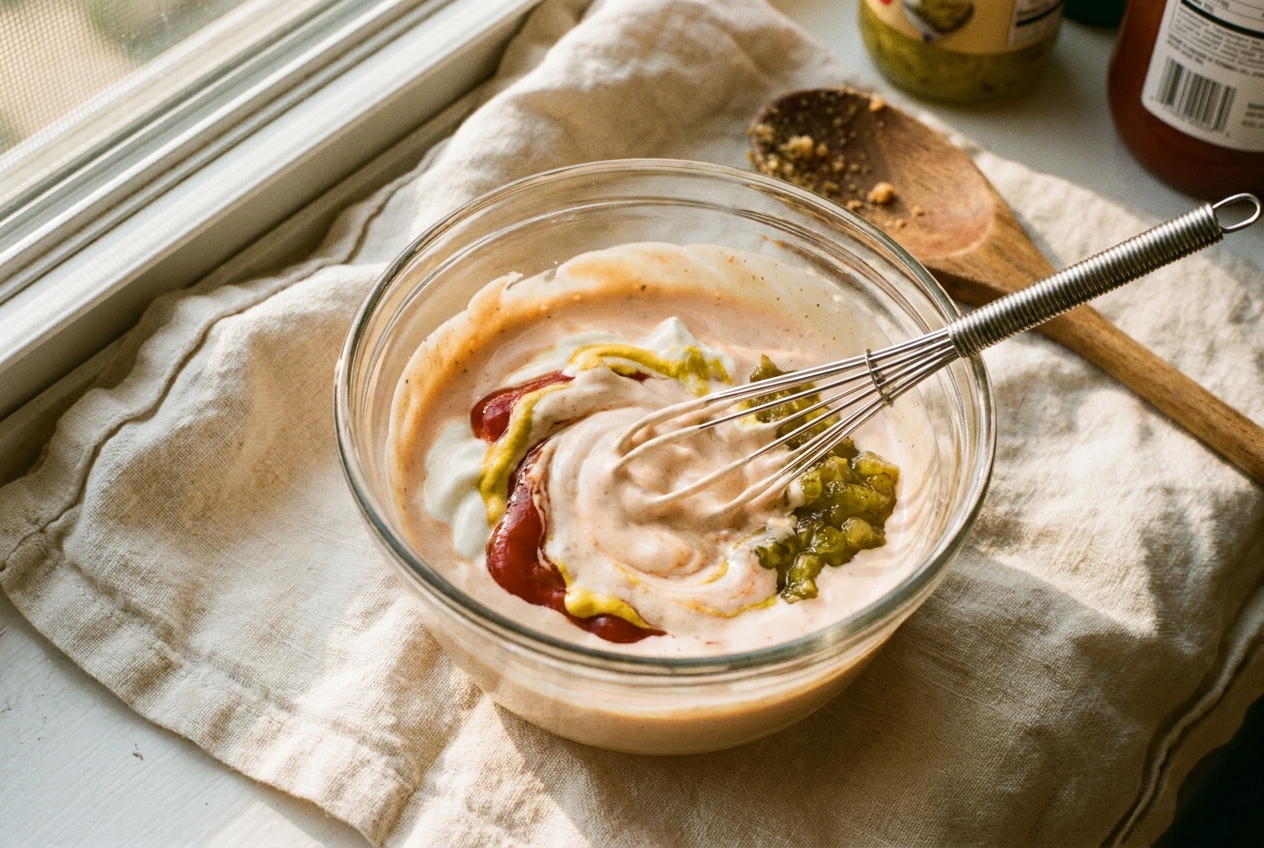 Creamy special burger sauce being whisked in a small glass bowl