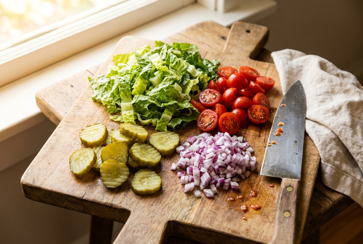 Chopped lettuce, cherry tomatoes, pickles and red onion on a cutting board