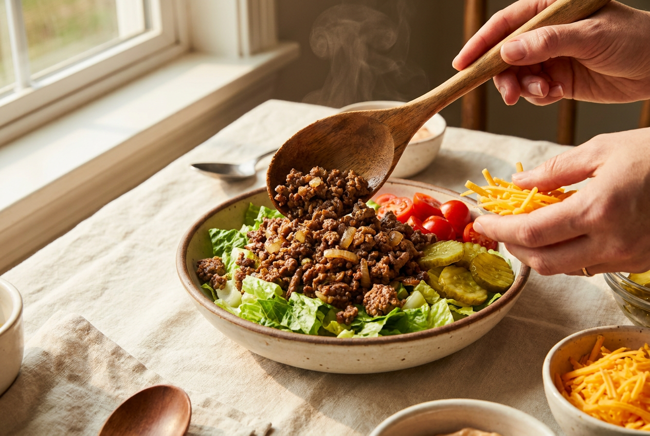 Cheeseburger bowl being assembled with beef, cheese and toppings over lettuce