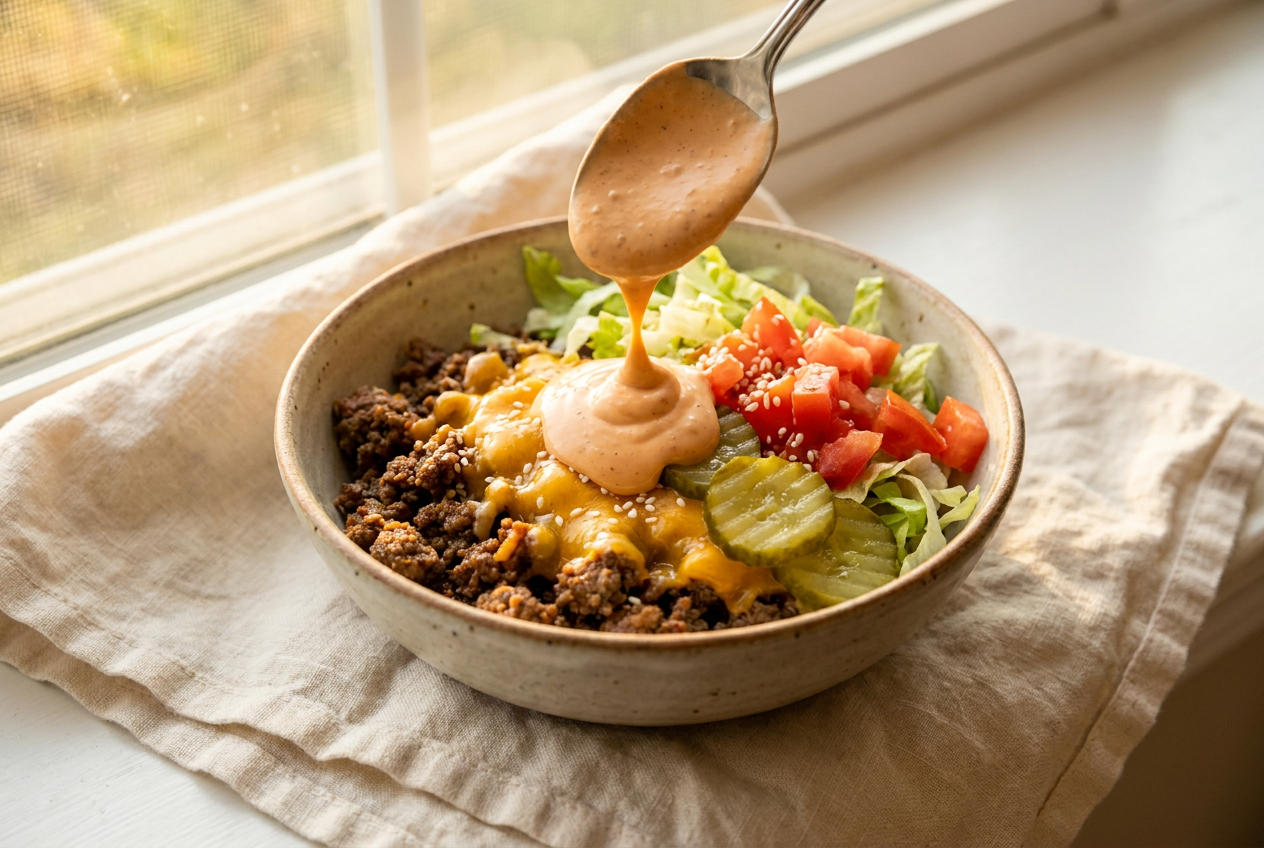 Creamy burger sauce being drizzled over a finished cheeseburger bowl
