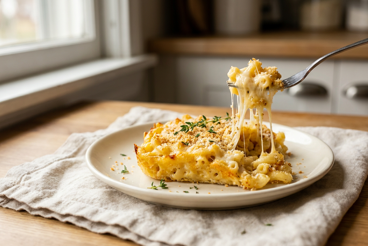 Plated serving of creamy baked mac and cheese with a cheese pull on a fork