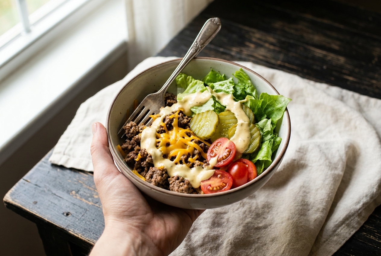 Finished high protein cheeseburger bowl with creamy sauce, melted cheddar and crisp vegetables