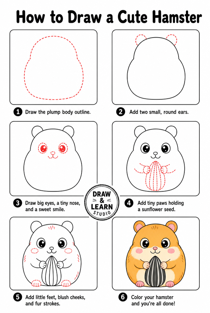 How to draw a hamster easy step by step tutorial sheet