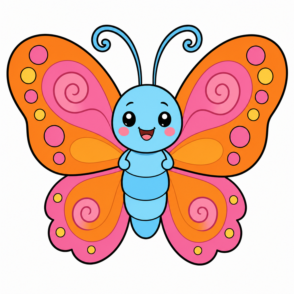How to draw a butterfly step 6 — finished colored orange and pink butterfly