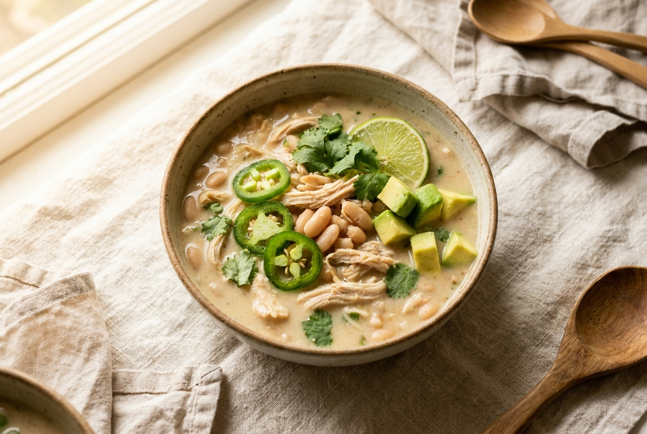 Creamy white chicken chili in a rustic bowl topped with shredded chicken, white beans, jalapeño, cilantro, avocado and lime
