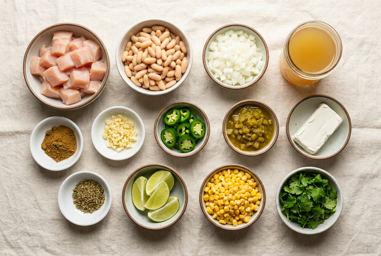 Ingredients for white chicken chili portioned into small bowls: chicken breasts, cannellini beans, onion, garlic, jalapeño, green chiles, cumin, oregano, broth, cream cheese, corn, lime and cilantro