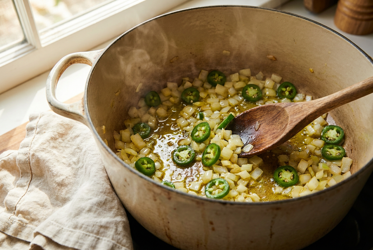 Diced onion and sliced jalapeño sautéing in olive oil in a dutch oven