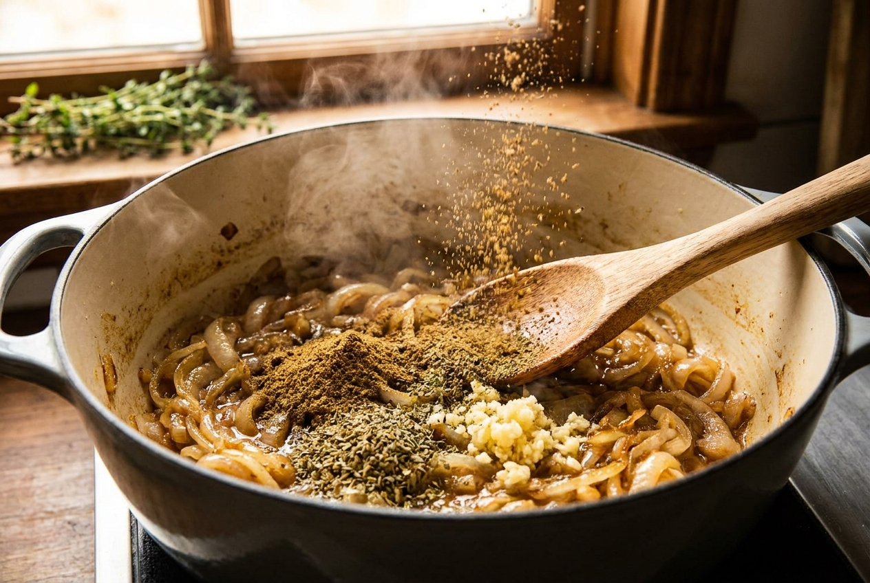 Cumin, oregano and garlic blooming with sautéed onions in a dutch oven