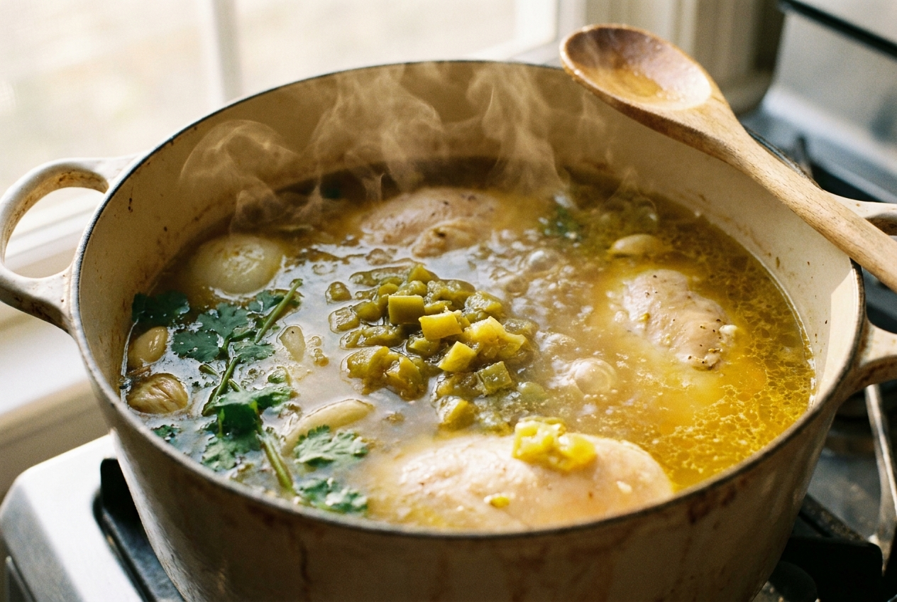 Chicken breasts poaching in golden broth with green chiles in a dutch oven