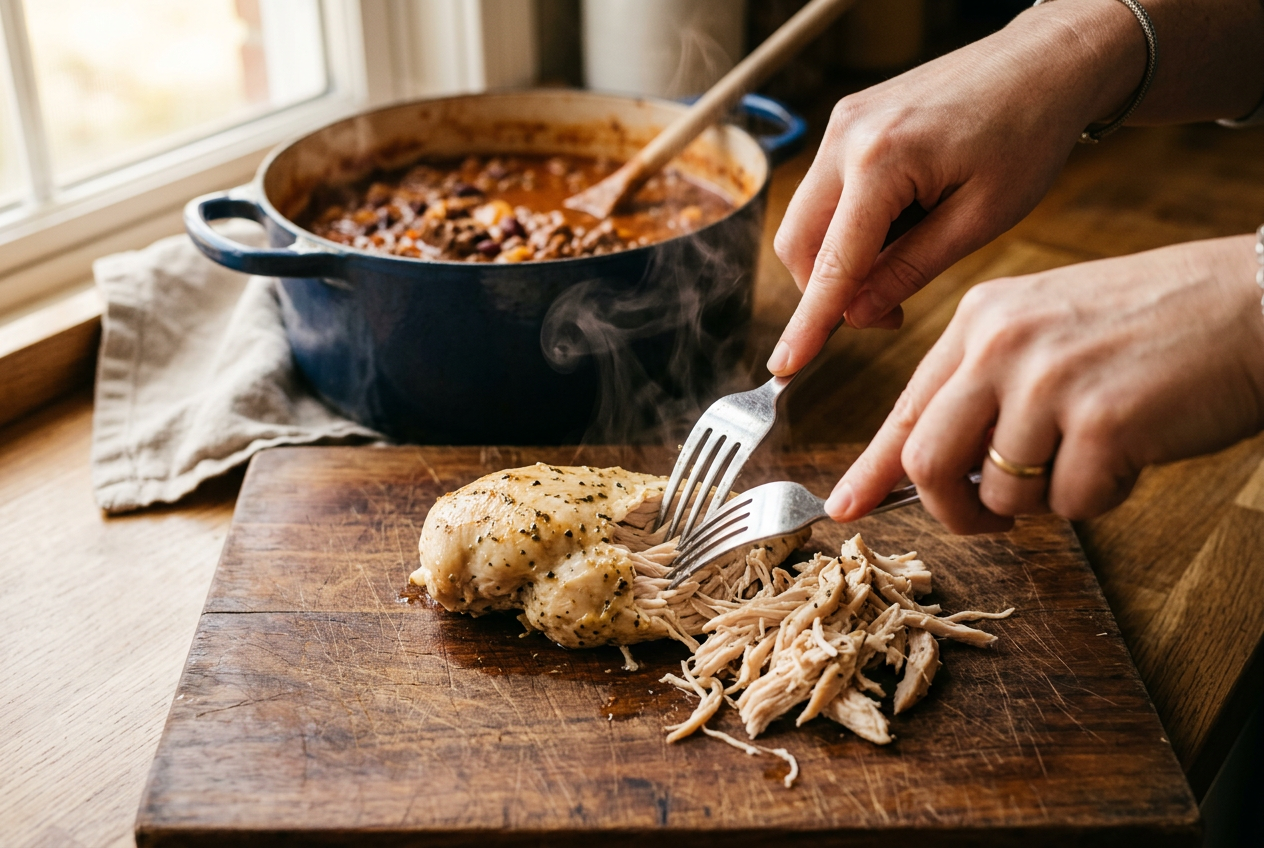 Poached chicken breast being shredded with two forks on a wooden cutting board