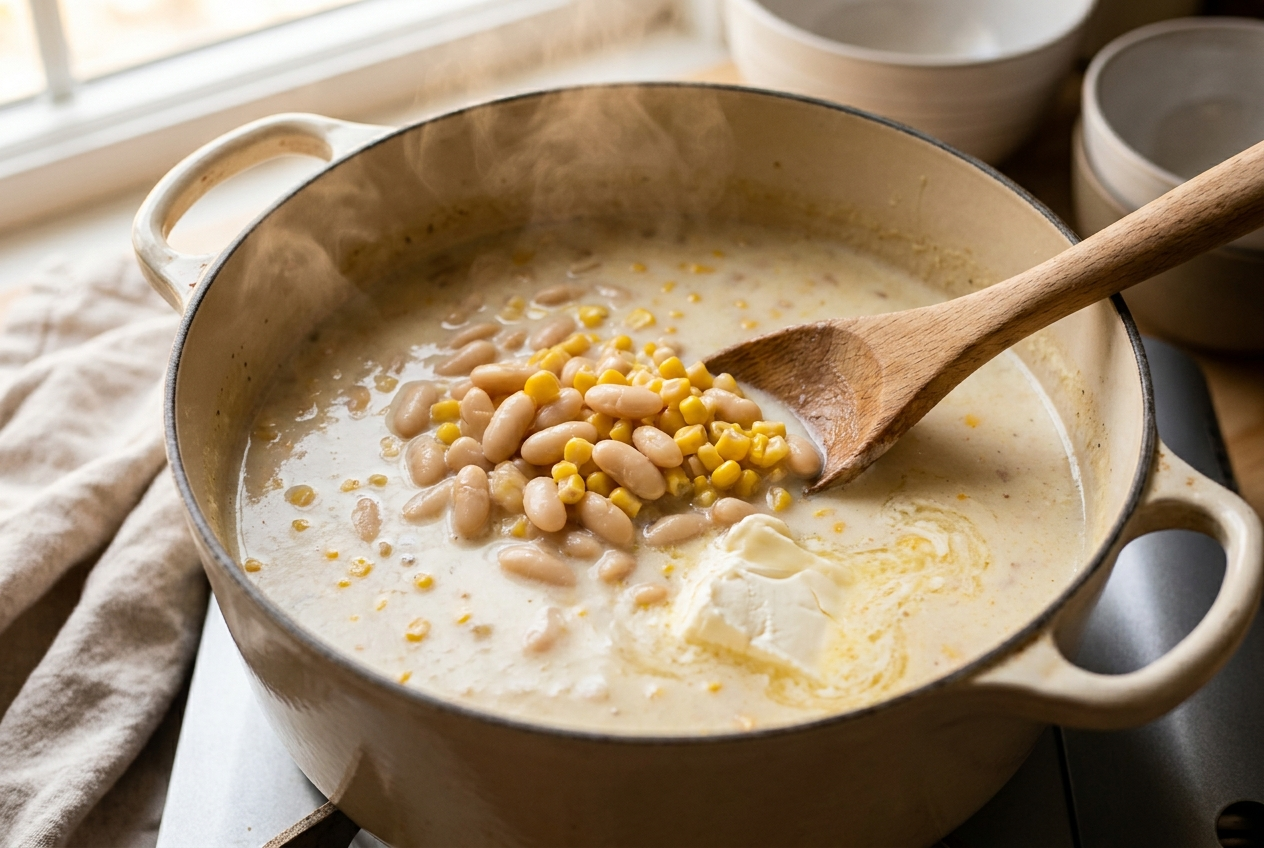 White beans and corn being stirred into creamy white chicken chili with cream cheese melting in