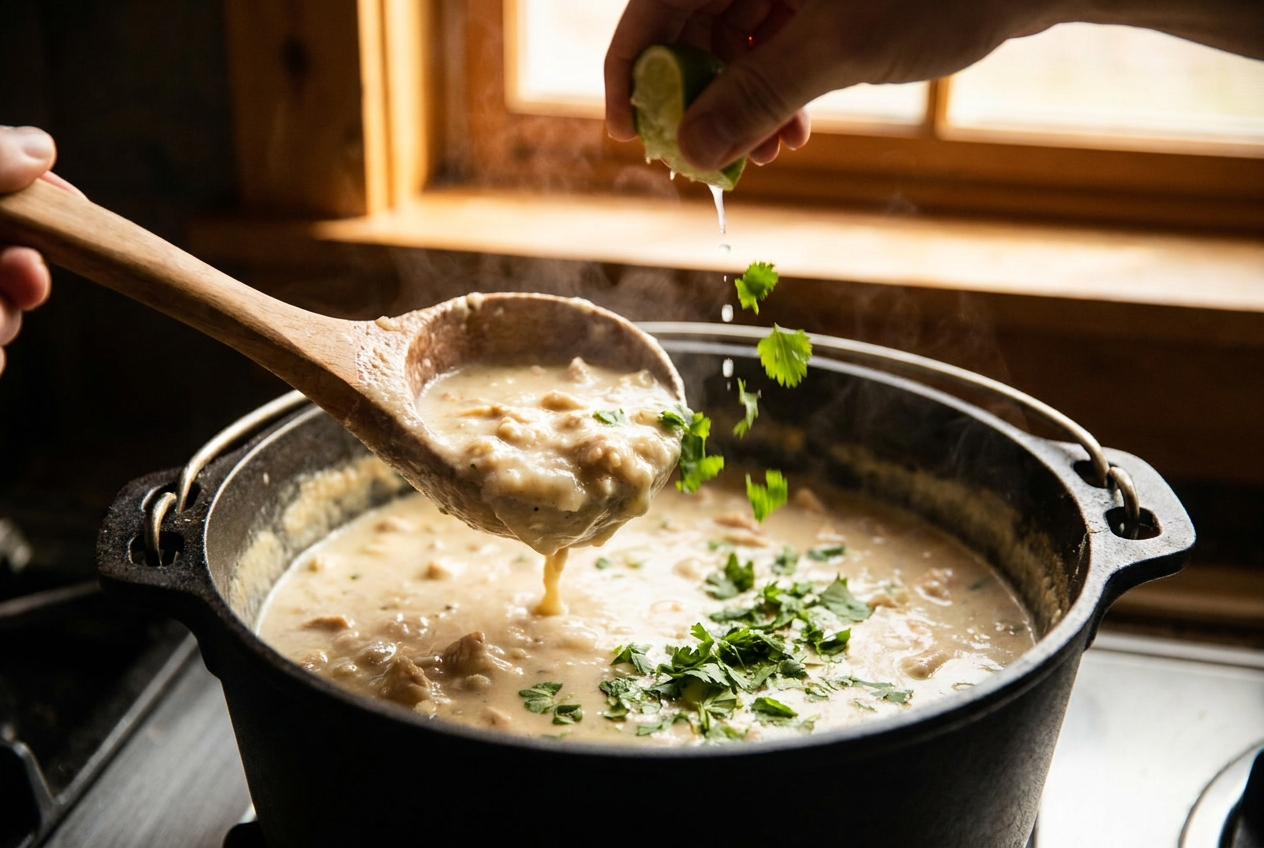 Ladle lifting creamy white chicken chili while lime is squeezed over and cilantro sprinkled on top