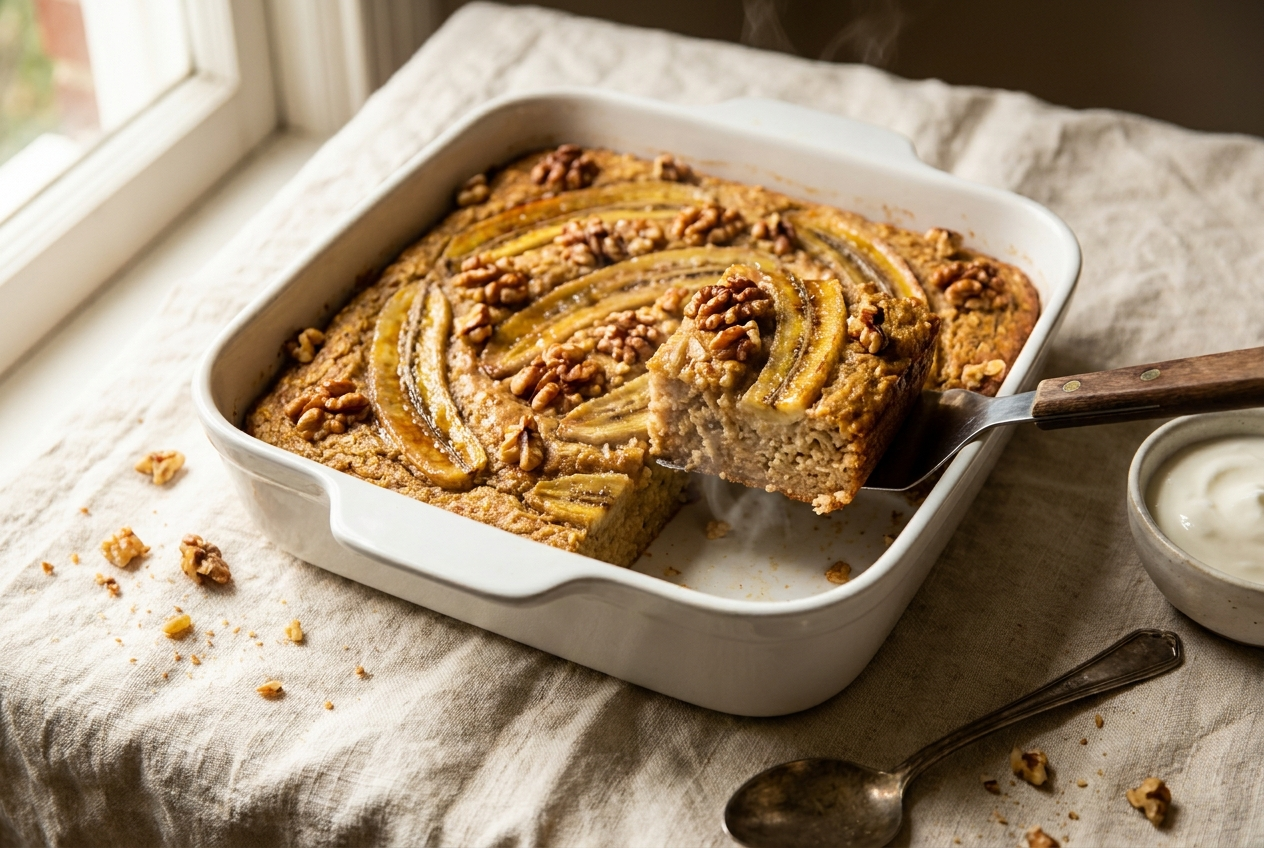 Golden banana baked oatmeal in a white ceramic dish with caramelized banana slices and toasted walnuts on top