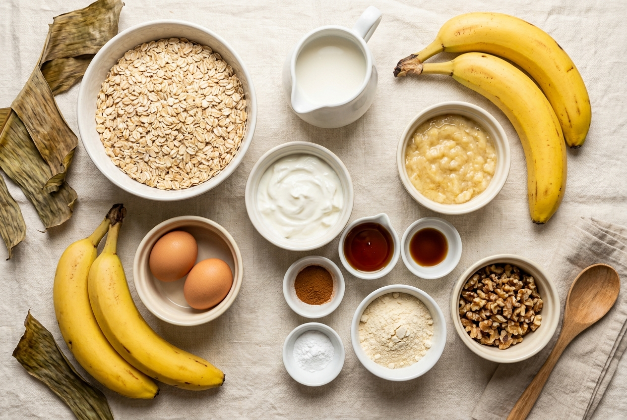 Ingredients for high protein banana baked oatmeal in small bowls: rolled oats, ripe bananas, eggs, Greek yogurt, milk, maple syrup, cinnamon, protein powder and walnuts