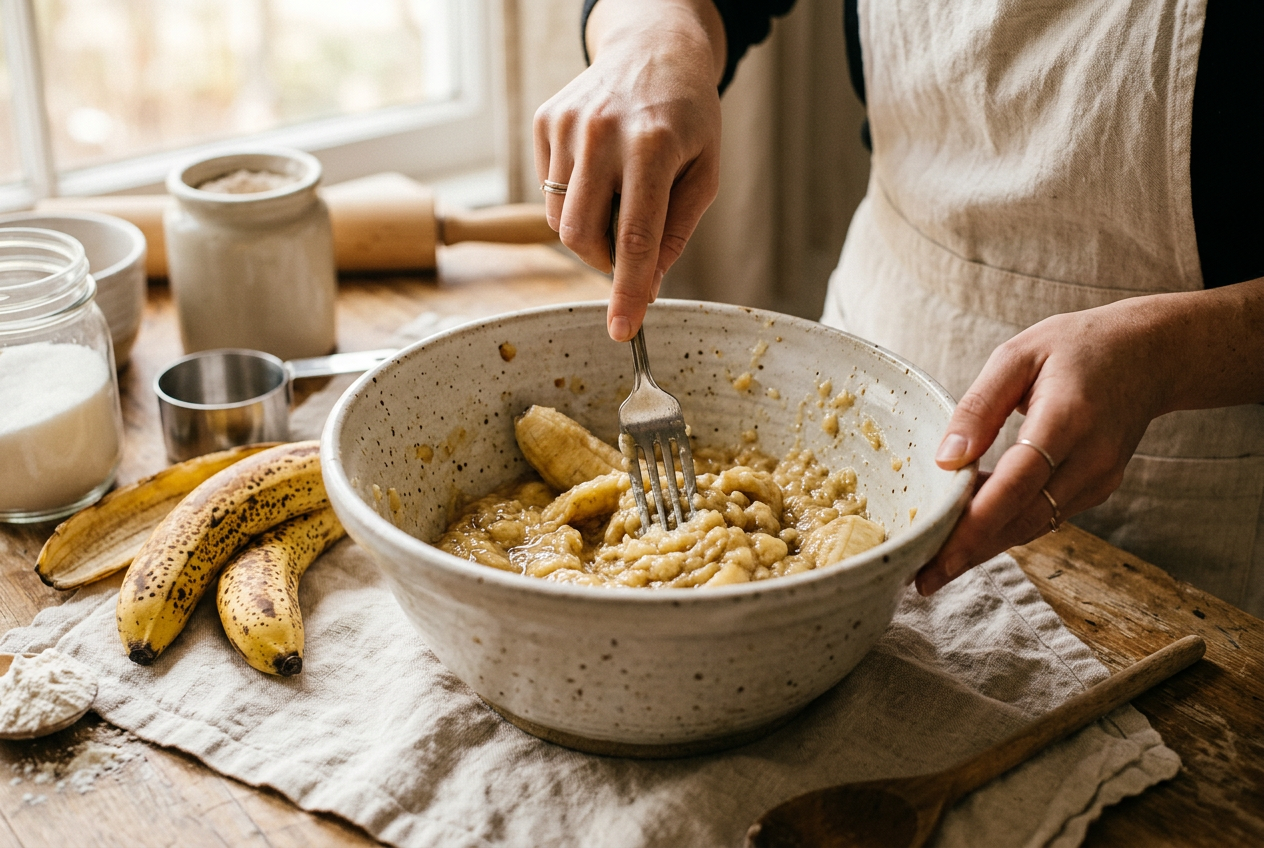 Ripe bananas being mashed with a fork in a large ceramic mixing bowl