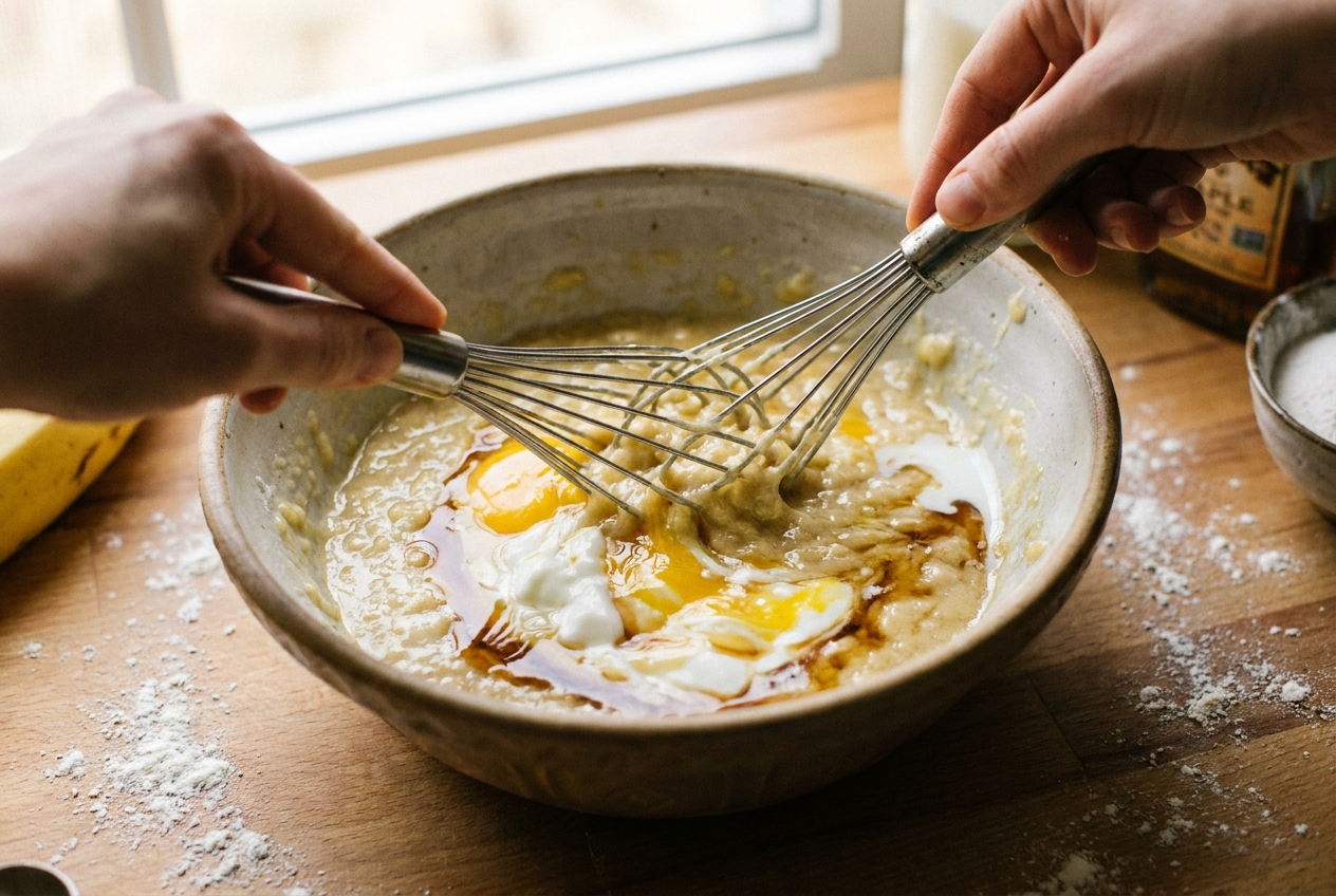 Eggs, Greek yogurt, milk and maple syrup being whisked into mashed banana