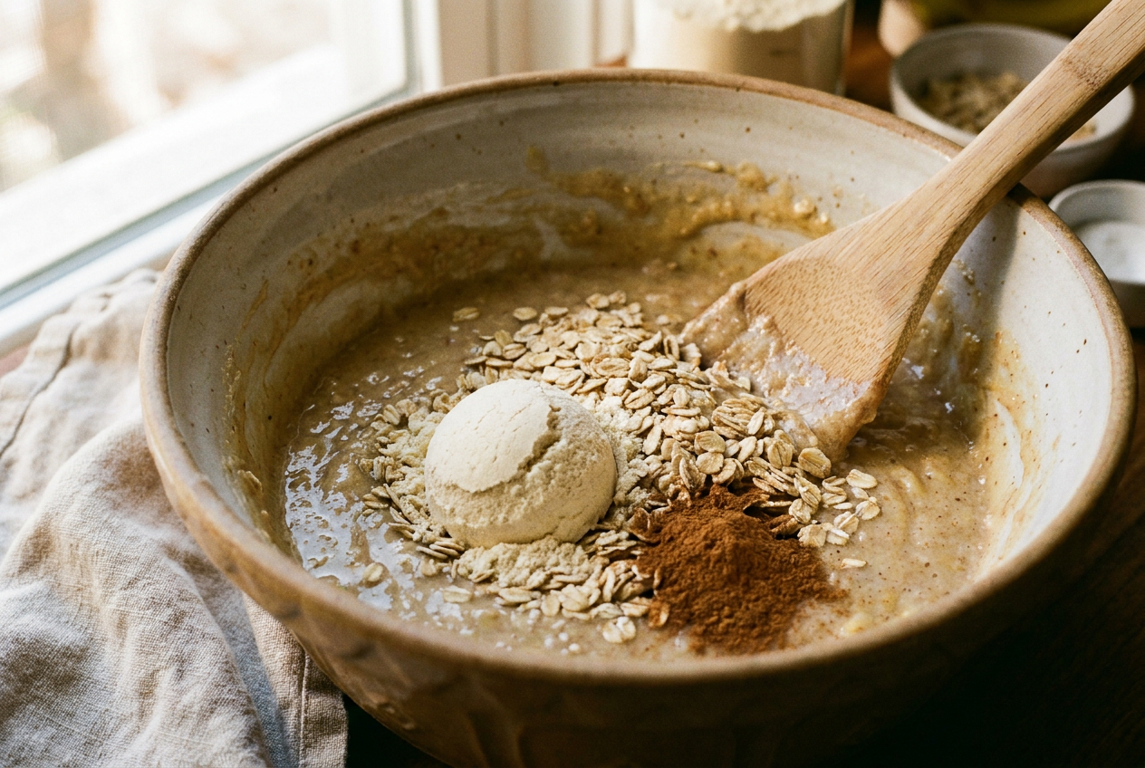 Rolled oats, protein powder and cinnamon being folded into banana batter with a spatula