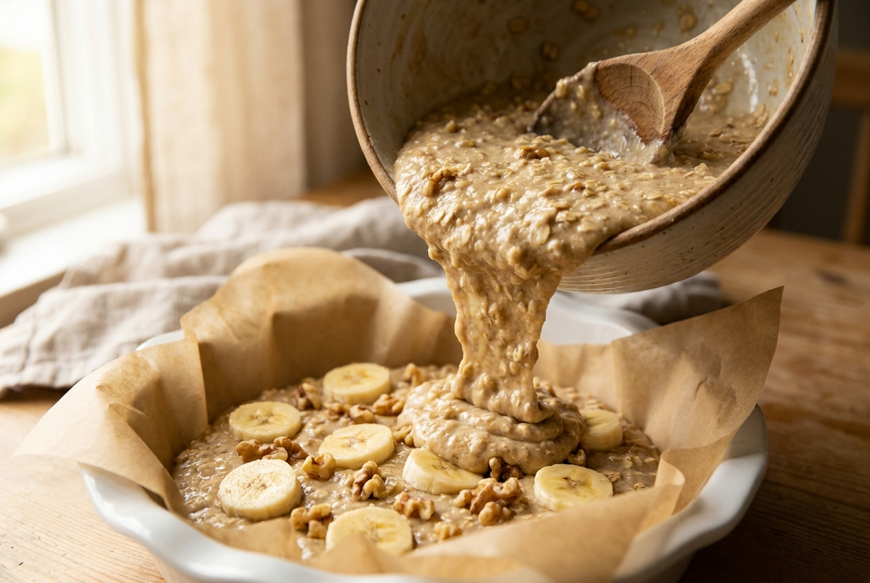 Banana oatmeal batter being poured into a parchment-lined baking dish topped with banana slices and walnuts