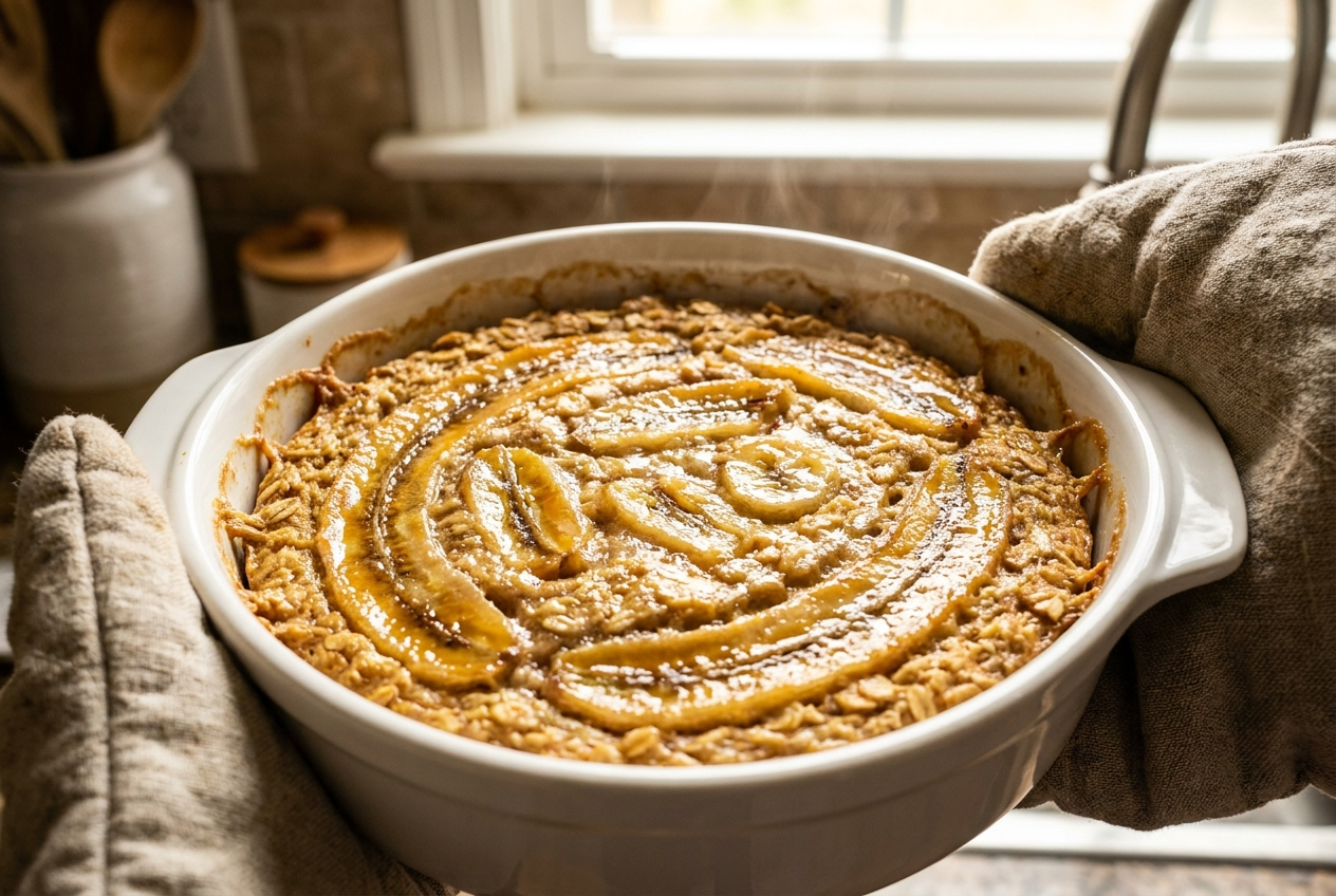 Golden banana baked oatmeal fresh out of the oven with caramelized banana slices on top