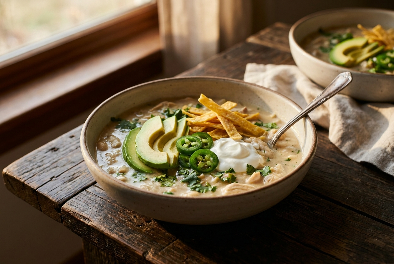 Bowl of white chicken chili topped with avocado, jalapeño, cilantro, tortilla strips and Greek yogurt