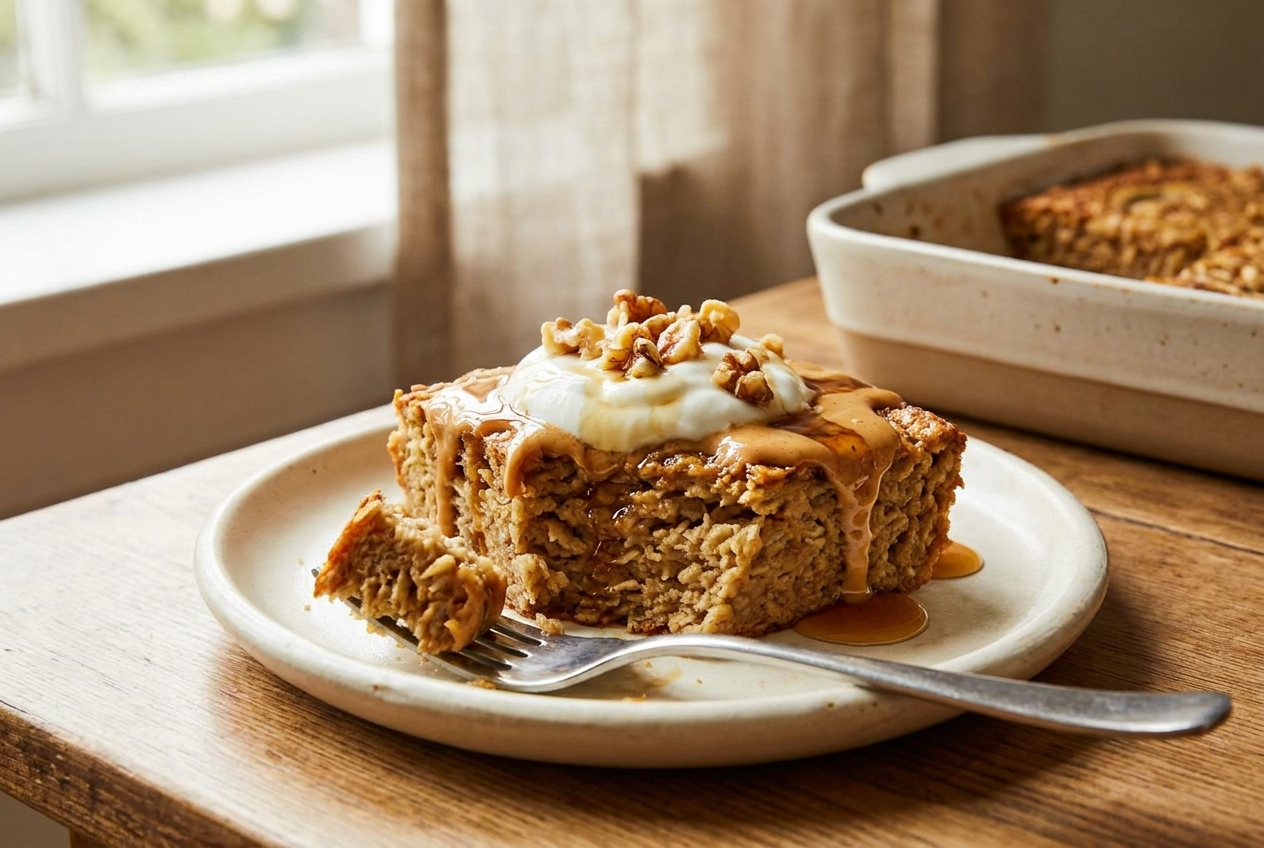 Square of banana baked oatmeal on a cream plate drizzled with peanut butter and maple syrup