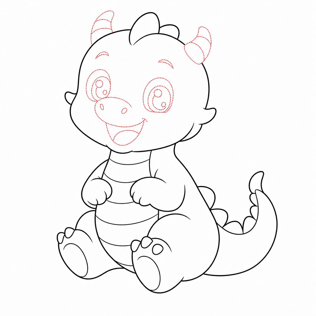 How to draw a dragon step 3 โ big eyes, smile and tiny rounded horns