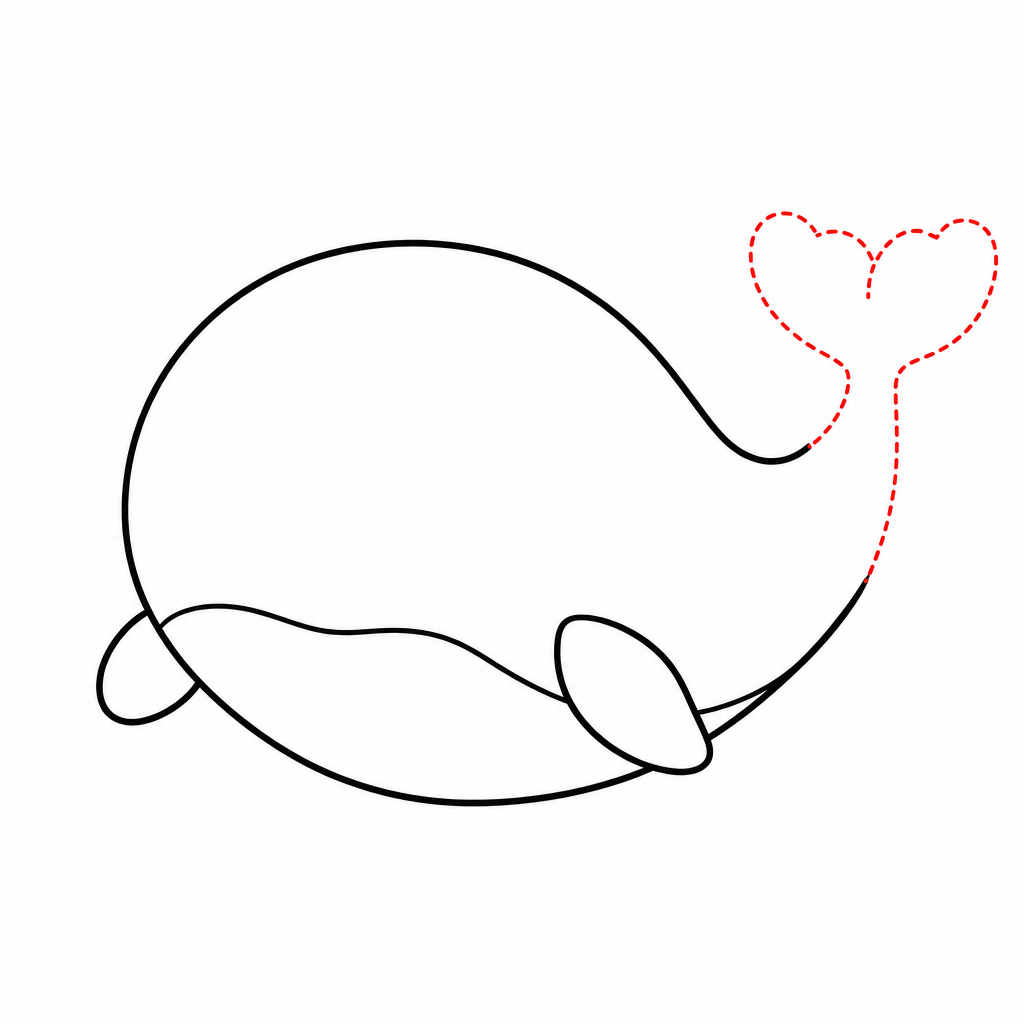 How to draw a whale step 3 — heart-shaped tail fluke