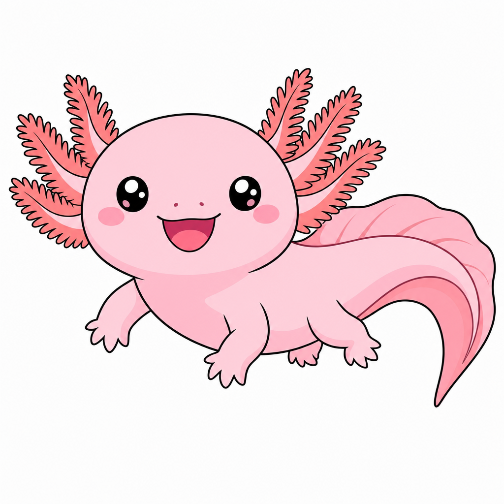 How to draw an axolotl step 6 — finished colored pink axolotl