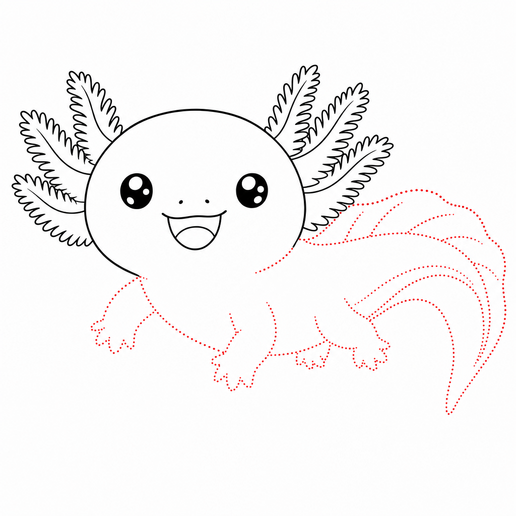 How to draw an axolotl step 3 — chubby body curving into a long finned tail