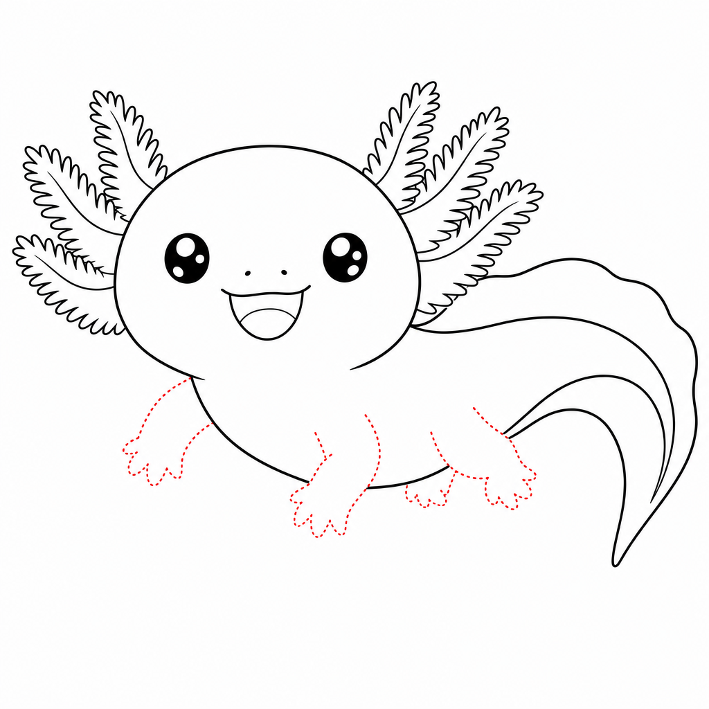 How to draw an axolotl step 4 — four short stubby legs with tiny toes