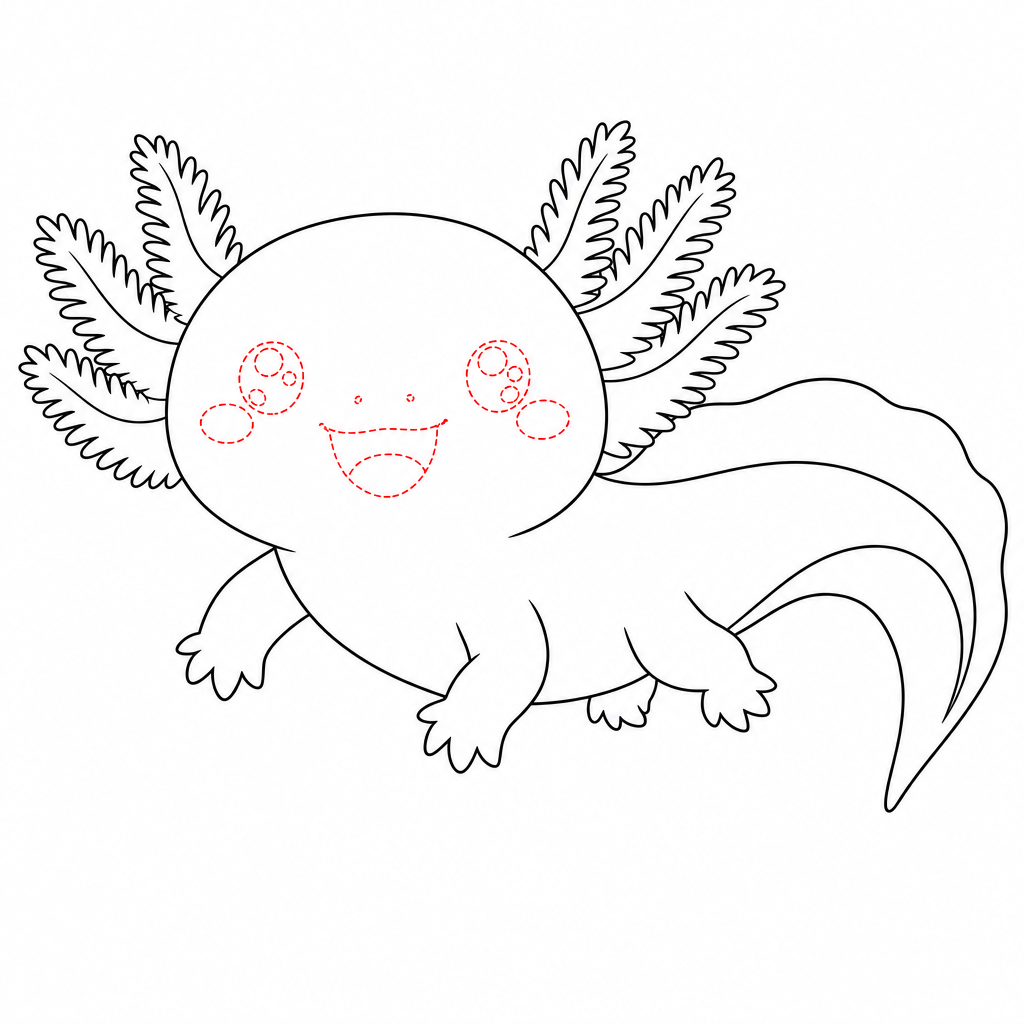How to draw an axolotl step 5 — round sparkly eyes, blush cheeks and a wide happy smile