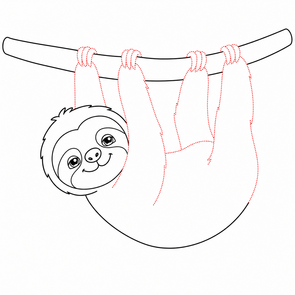How to draw a sloth step 4 โ long arms and legs reaching up to the branch with curved claws