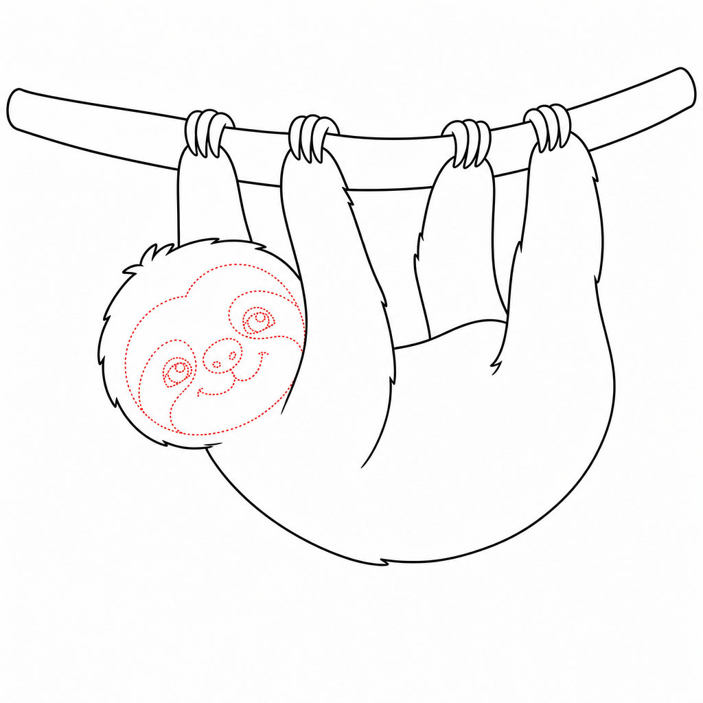 How to draw a sloth step 5 โ tan face patch, dark eye stripes, sleepy eyes, button nose and gentle smile