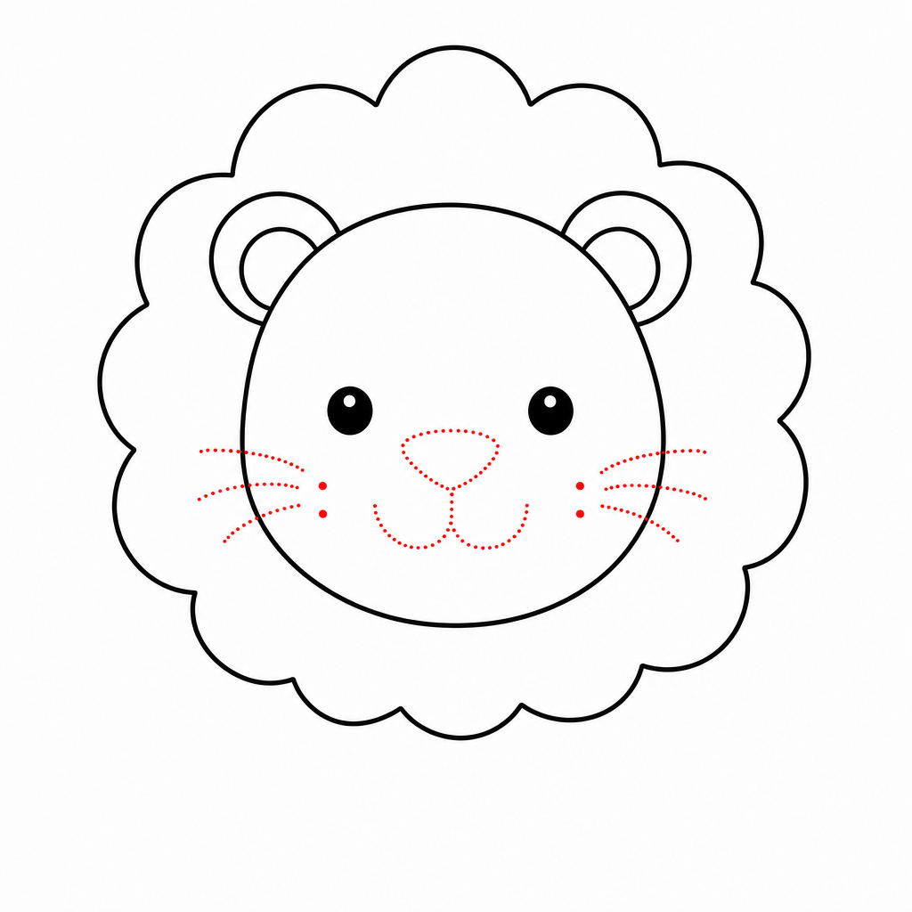 How to draw a lion step 4 — dot eyes, triangle nose, smile and whisker dots