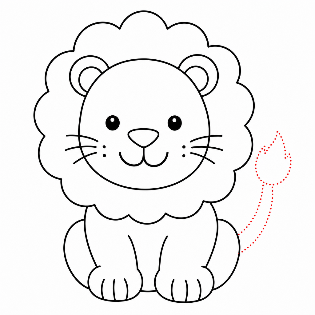 How to draw a lion step 5 — rounded body, front paws and tufted tail