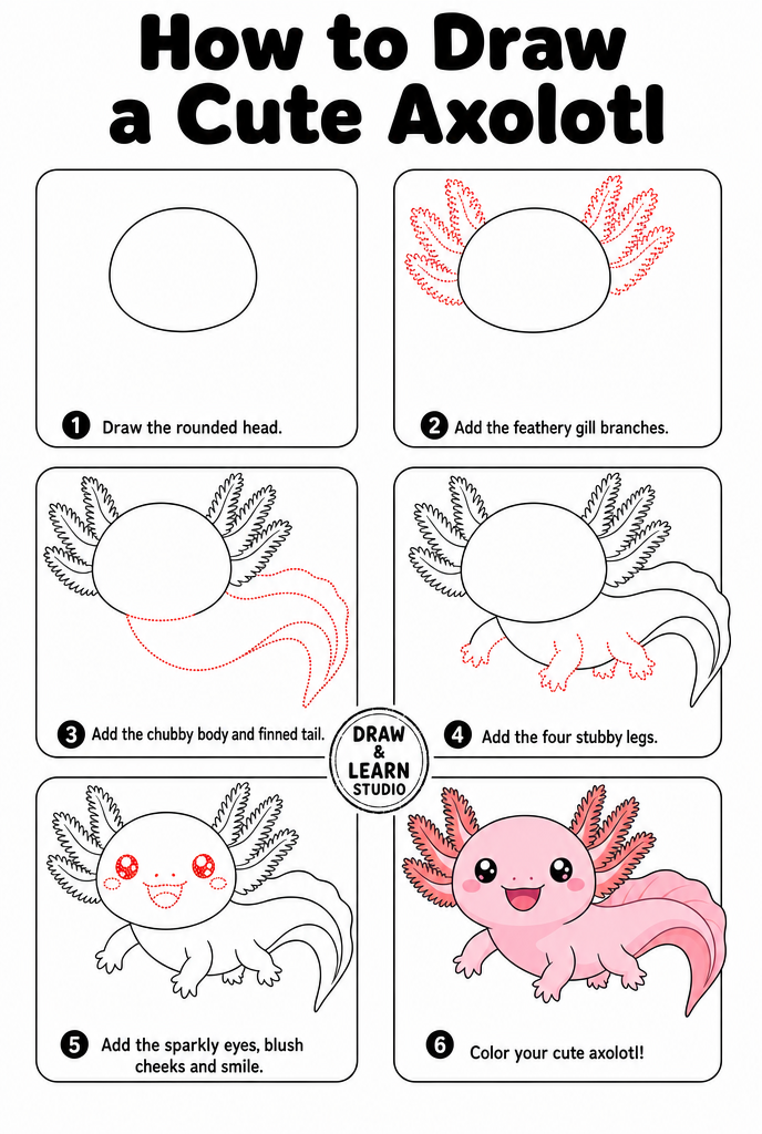 How to draw an axolotl easy step by step tutorial sheet