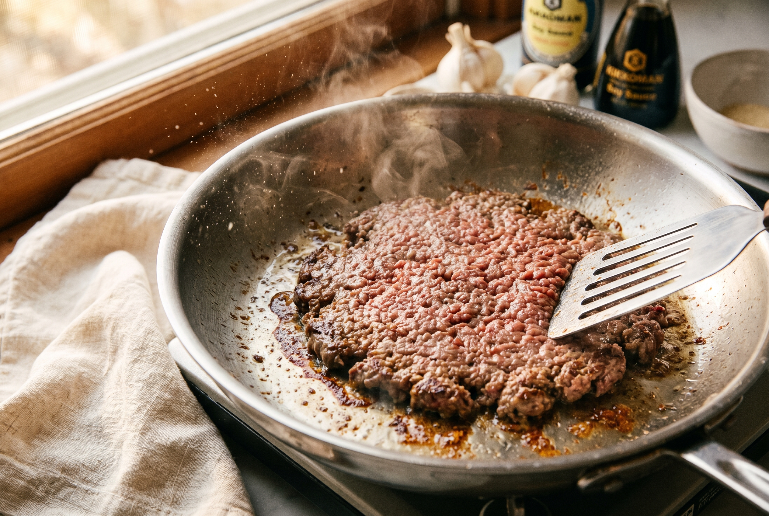 Close-up process photo of ground beef pressed flat and browning in a hot stainless skillet for Korean ground beef bowls, warm window light