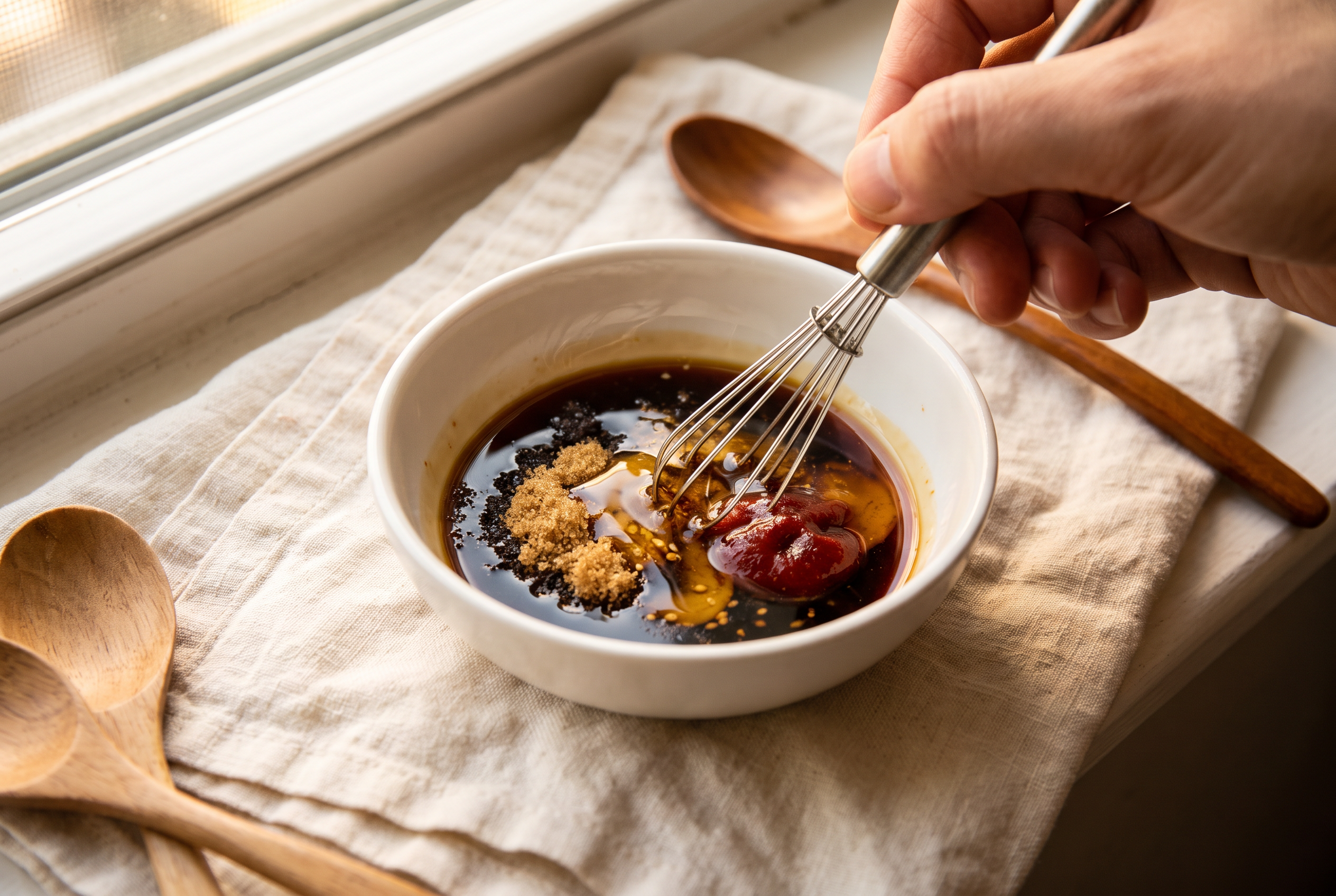 Close-up process photo of soy sauce, brown sugar, sesame oil and gochujang being whisked into a glossy Korean beef bowl sauce in a small white bowl on cream linen