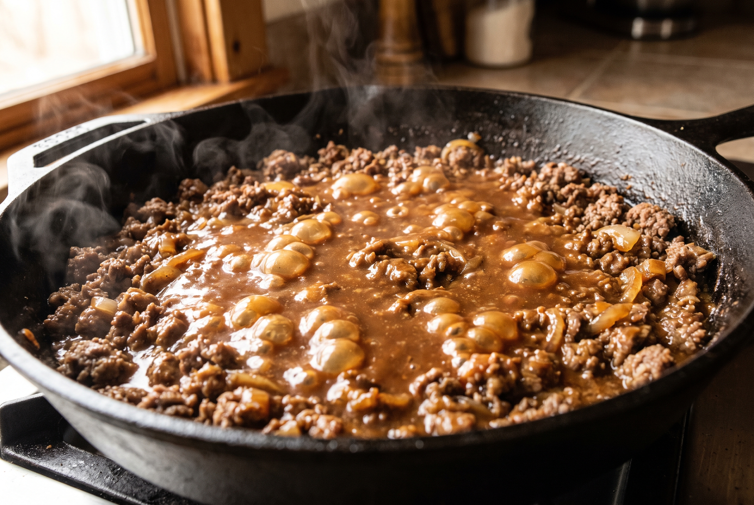 Close-up process photo of glossy brown sauce bubbling and reducing over ground beef in a skillet, sauce coating every crumb, premium food blog style