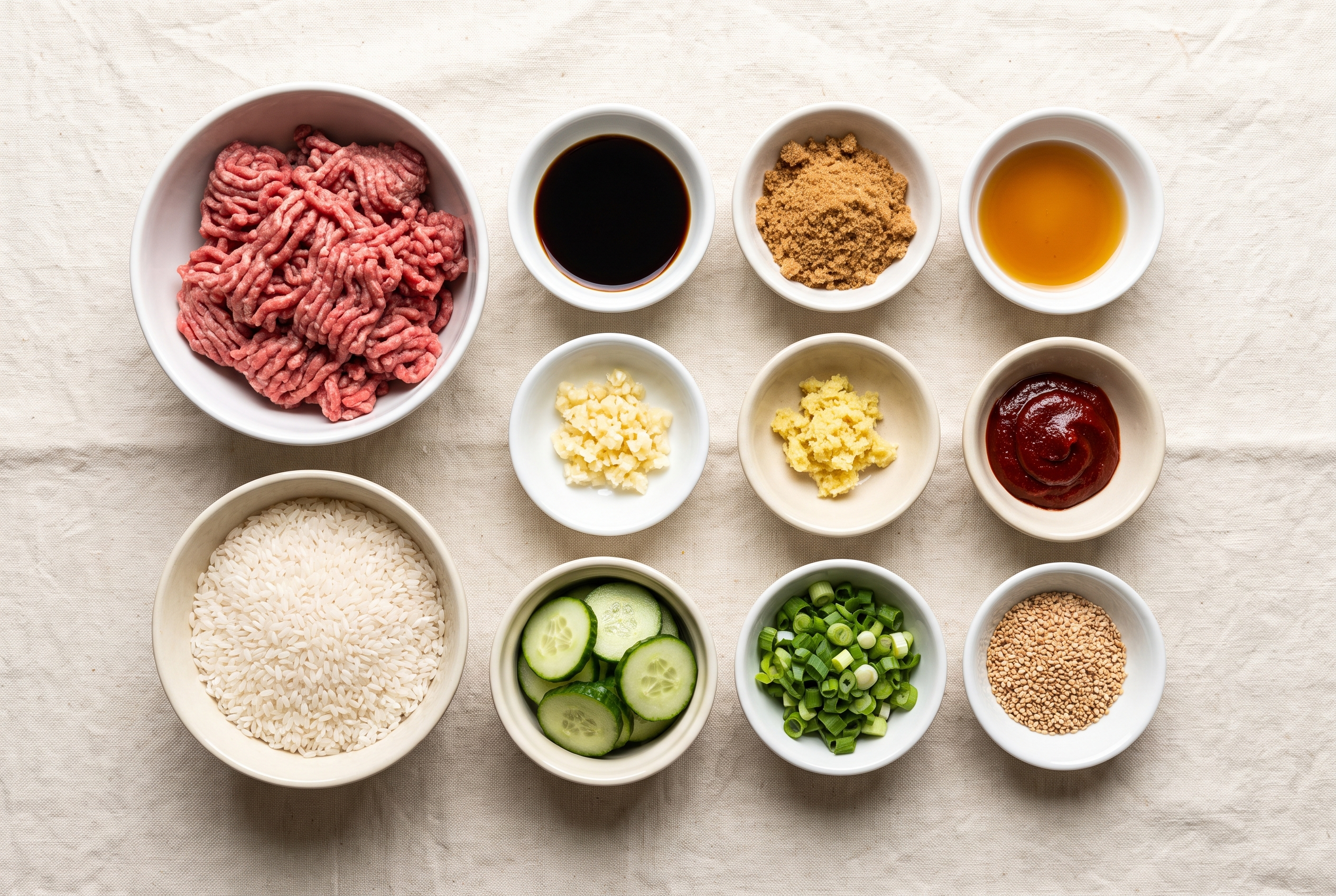 Overhead flat-lay of ingredients for Korean ground beef bowls in small white bowls — ground beef, soy sauce, brown sugar, sesame oil, garlic, ginger, gochujang, rice, cucumber, scallions and sesame seeds
