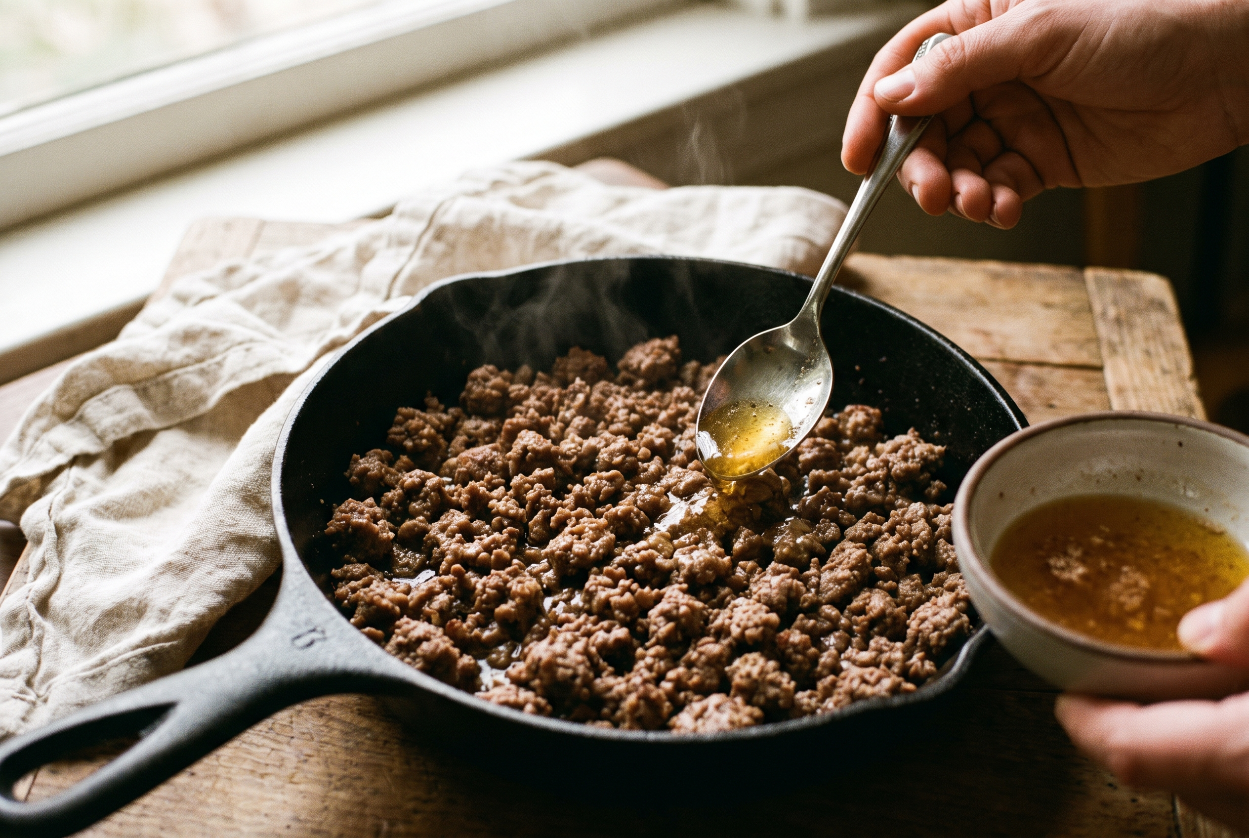 Close-up process photo of crumbled browned ground beef in a skillet with excess fat being spooned off, cream linen, premium food blog style