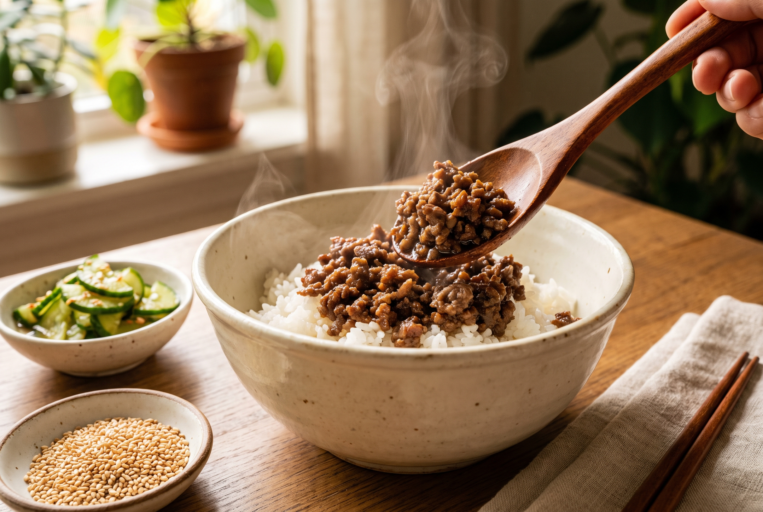 Close-up process photo of Korean ground beef being spooned over steaming white rice in a cream bowl with cucumber salad and sesame seeds alongside