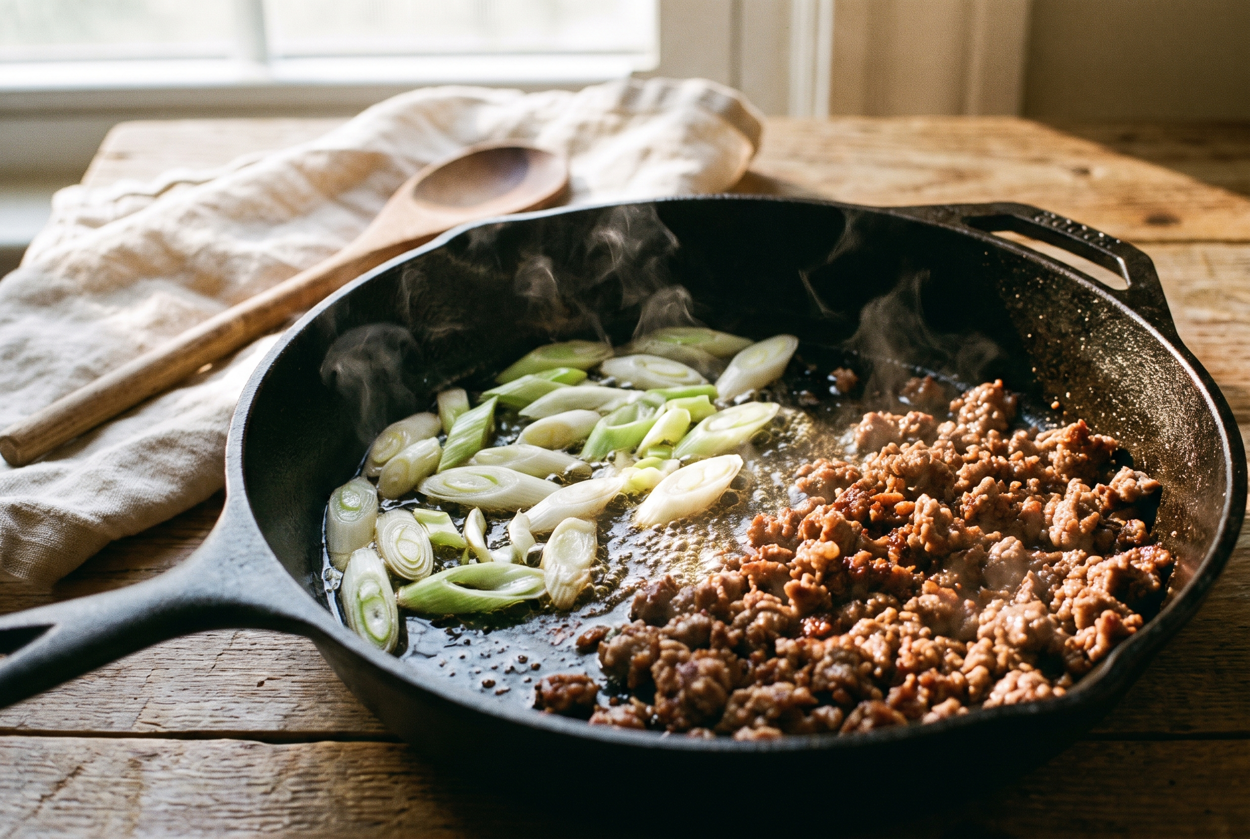 Close-up process photo of sliced scallion whites sizzling in the bare side of a skillet next to browned ground beef, warm natural light