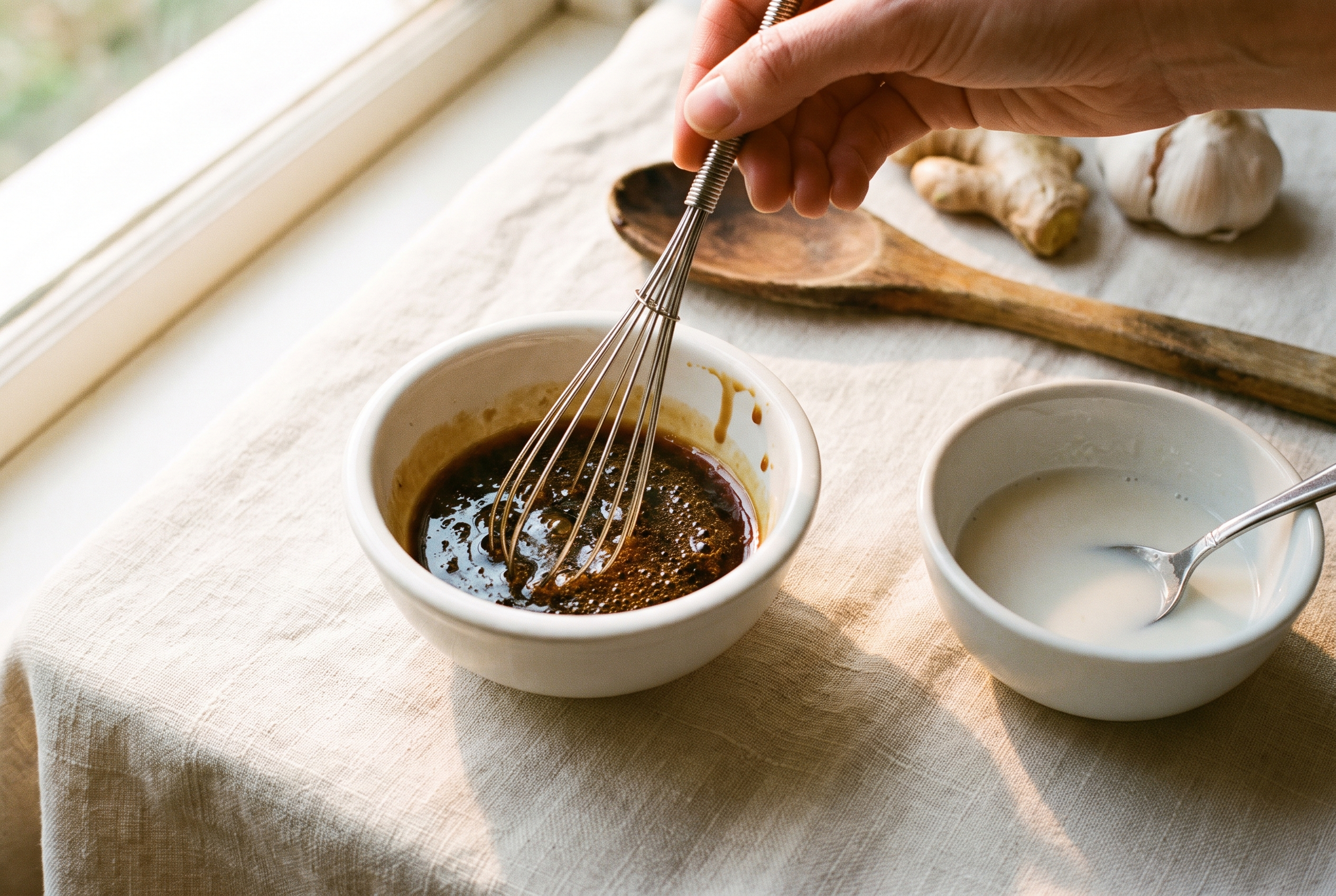 Close-up process photo of teriyaki sauce being whisked in a small white bowl beside a separate cornstarch slurry, cream linen, warm window light