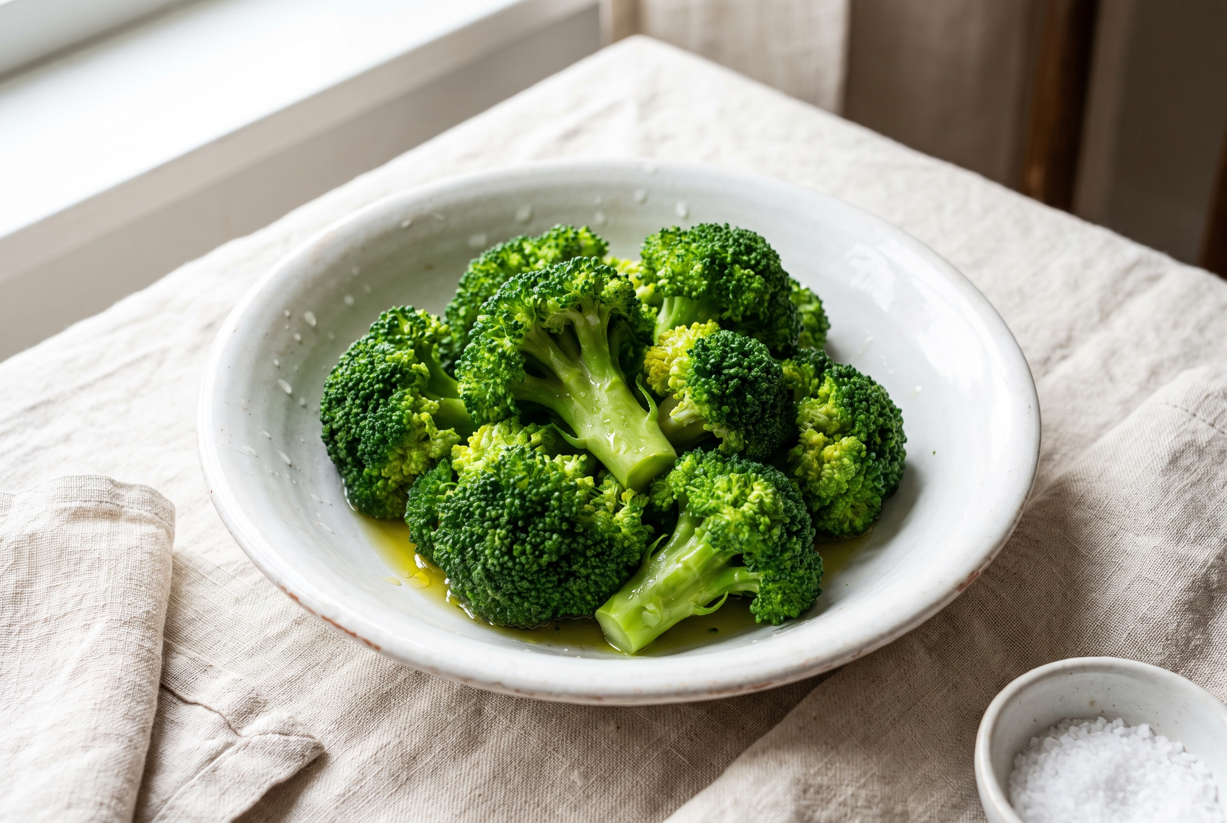 Close-up process photo of bright green steamed broccoli florets in a white bowl, glistening, natural light