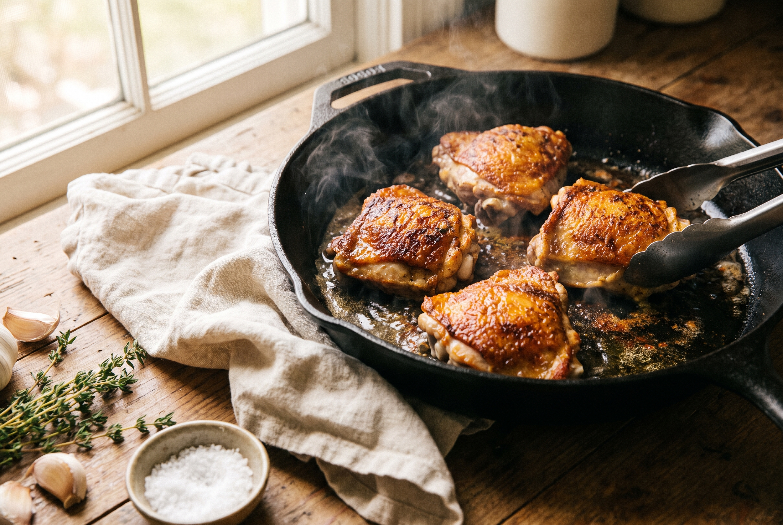Close-up process photo of chicken thighs searing golden brown in a large skillet, warm window light, premium food blog style
