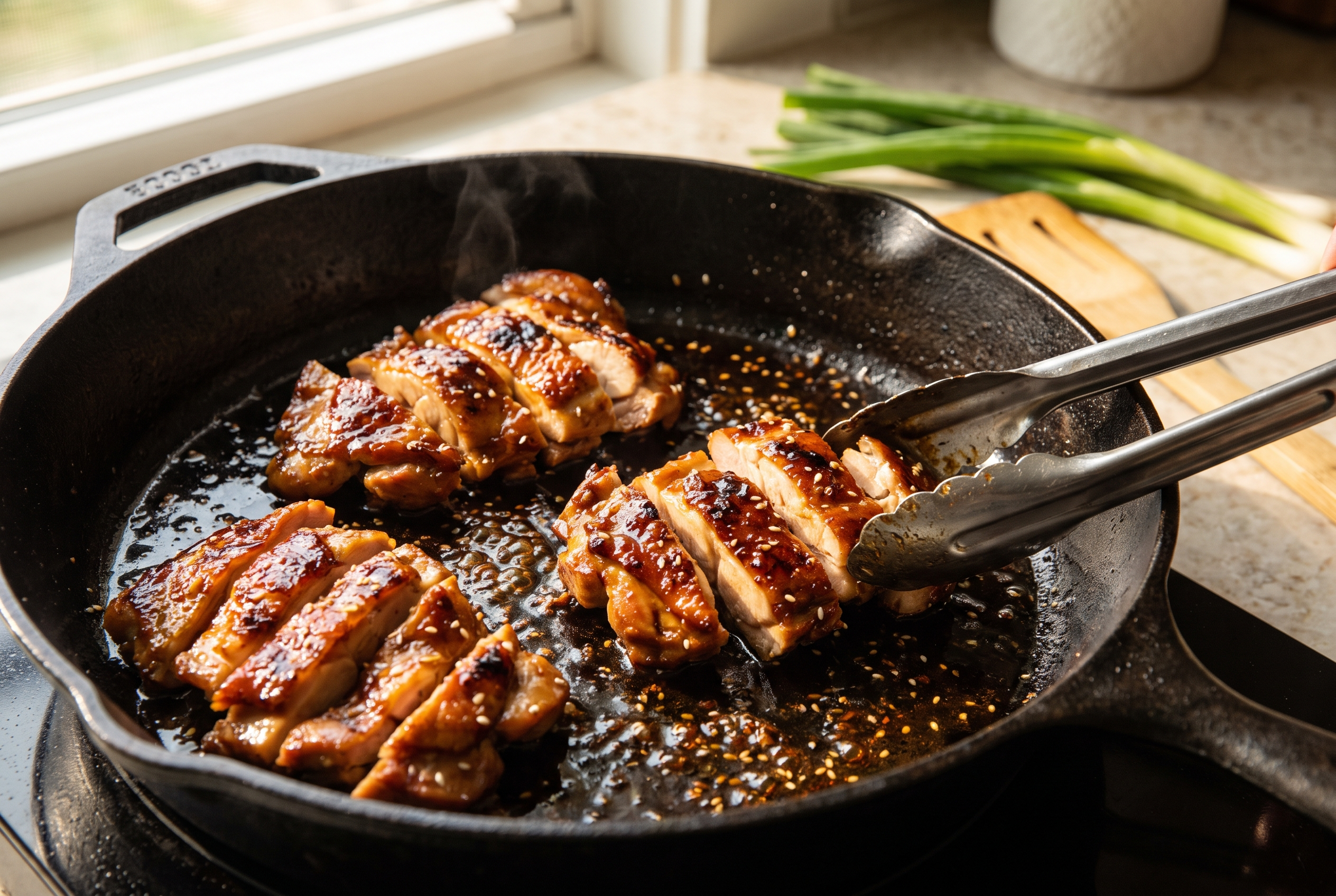 Close-up process photo of sliced teriyaki chicken thighs being turned through glossy glaze in a skillet with sesame seeds