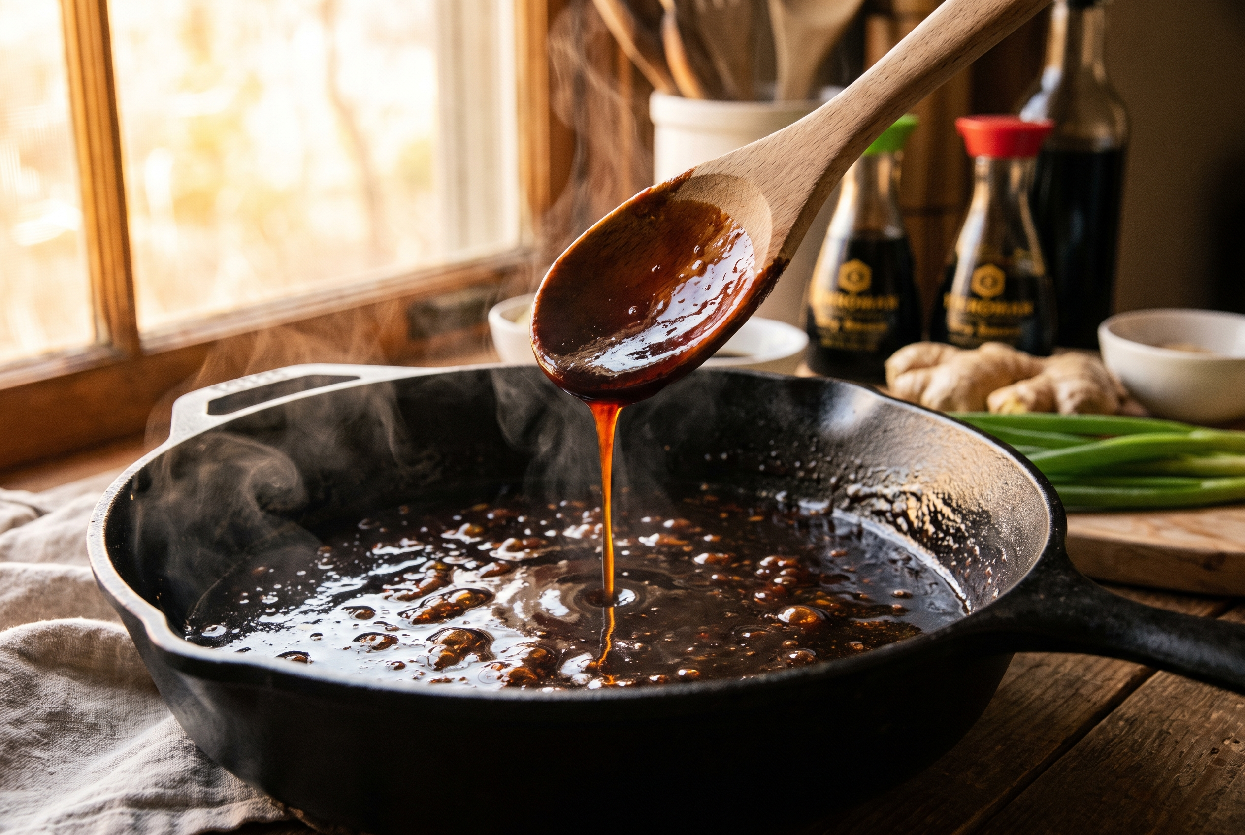 Close-up process photo of dark teriyaki sauce thickening to a glossy glaze in a skillet, spoon lifting to show the coating