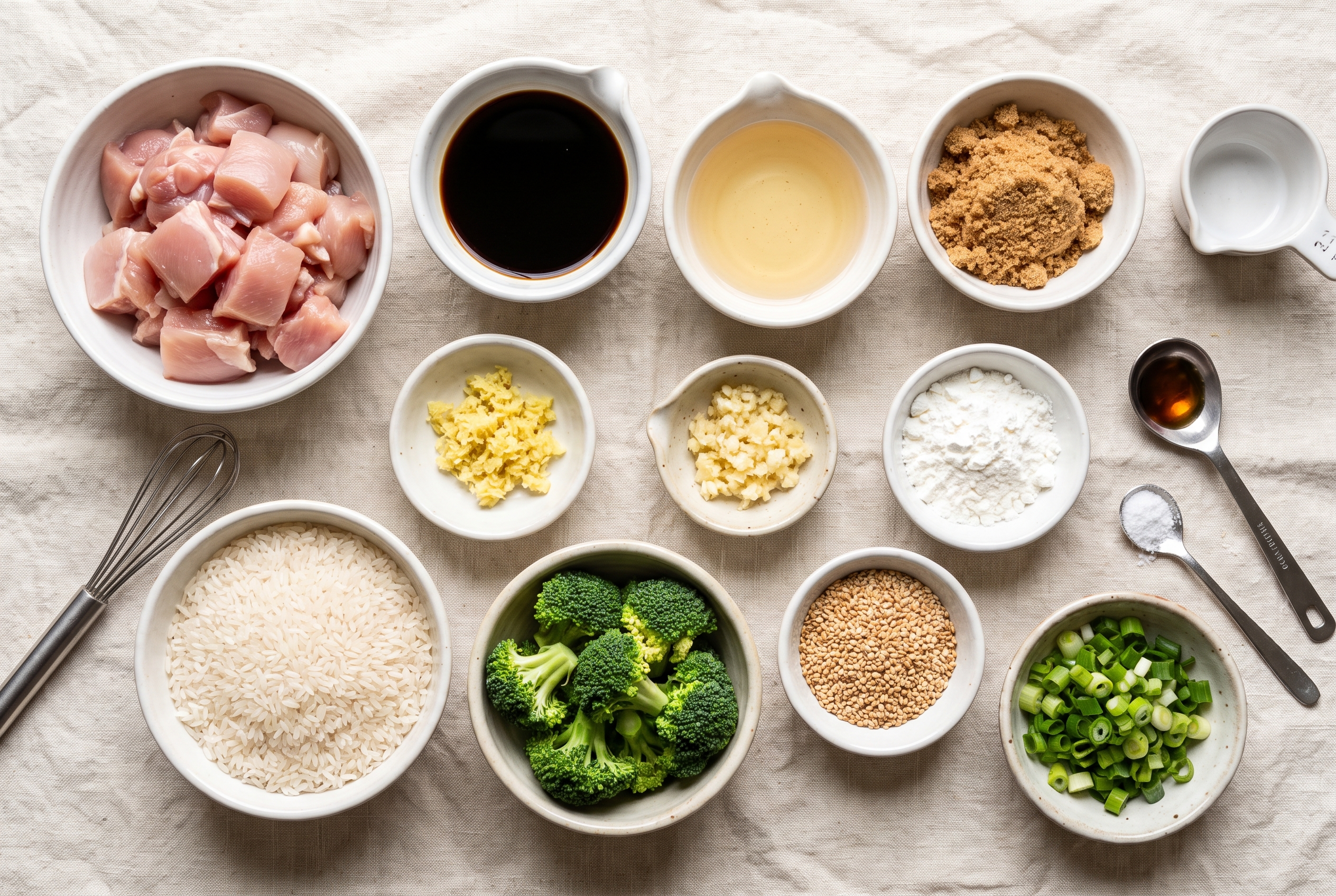 Overhead flat-lay of ingredients for teriyaki chicken bowls in small white bowls — chicken thighs, soy sauce, mirin, brown sugar, ginger, garlic, cornstarch, rice, broccoli, sesame seeds and scallions